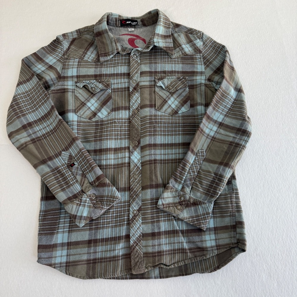 Rip Curl Flannel Shirt Mens Large Brown Blue Plaid Long Sleeve Western Snap